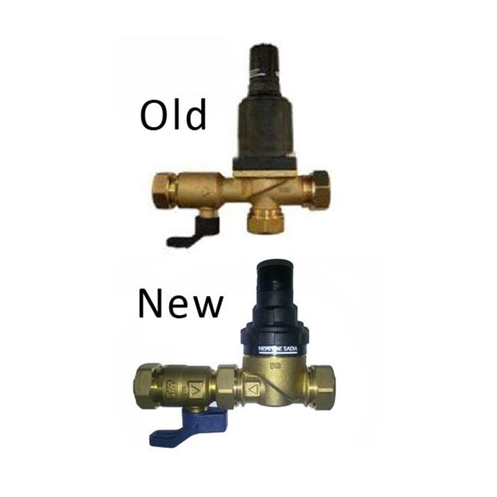 Comparison of an old and new brass valve on a white background