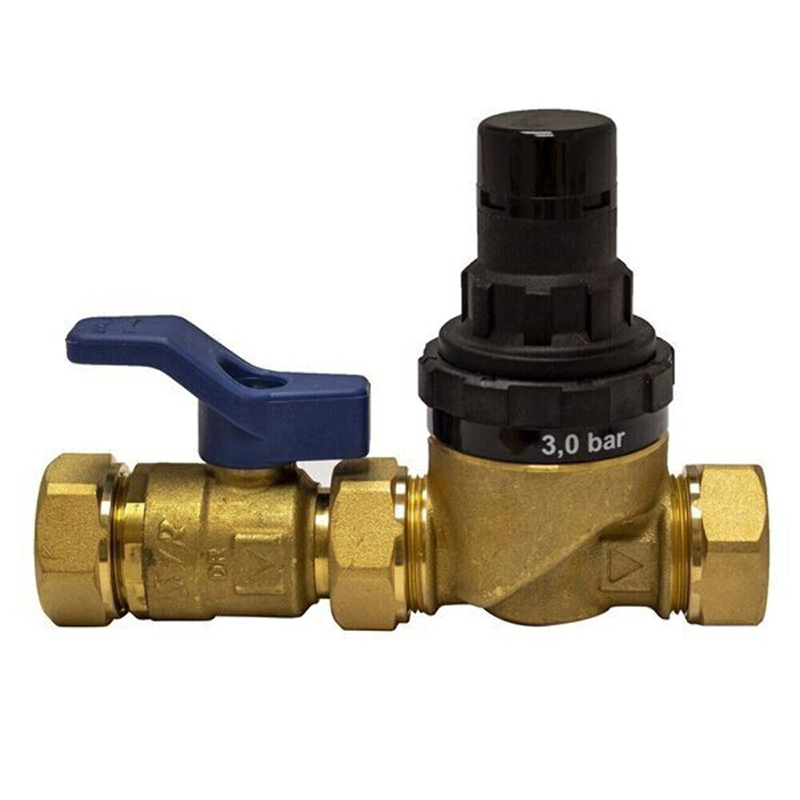 A brass water filter regulator valve with a blue ball handle, black pressure gauge knob, and white printed text reading '3,0 bar' on a clean white background.