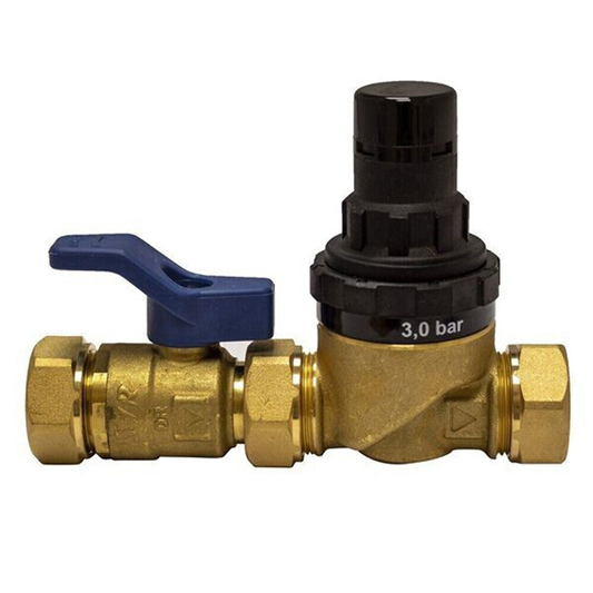 A brass water filter regulator valve with a blue ball handle, black pressure gauge knob, and white printed text reading '3,0 bar' on a clean white background.