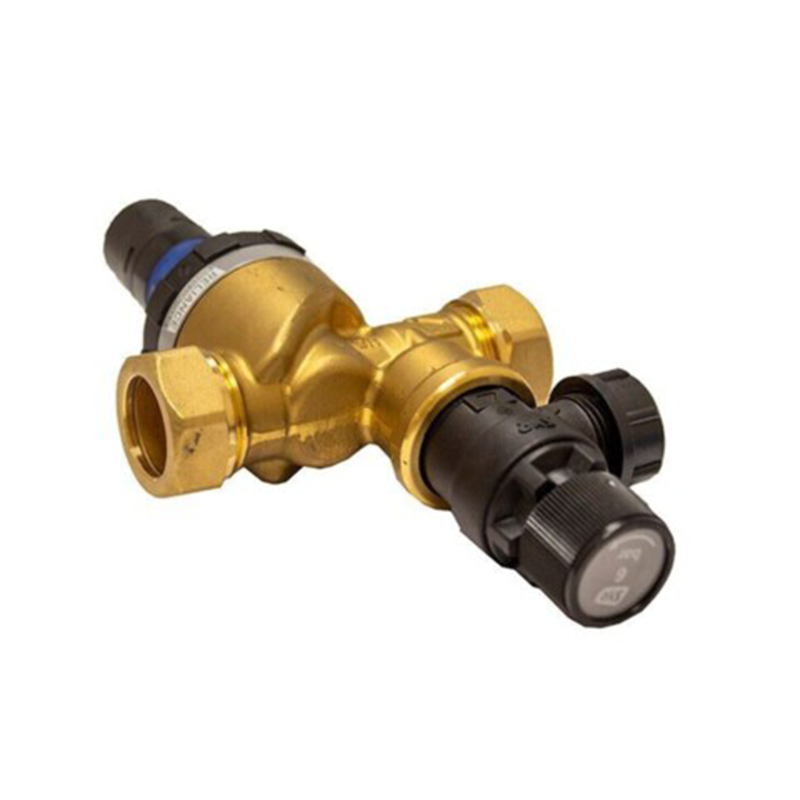 Brass plumbing valve with black handles on a white background