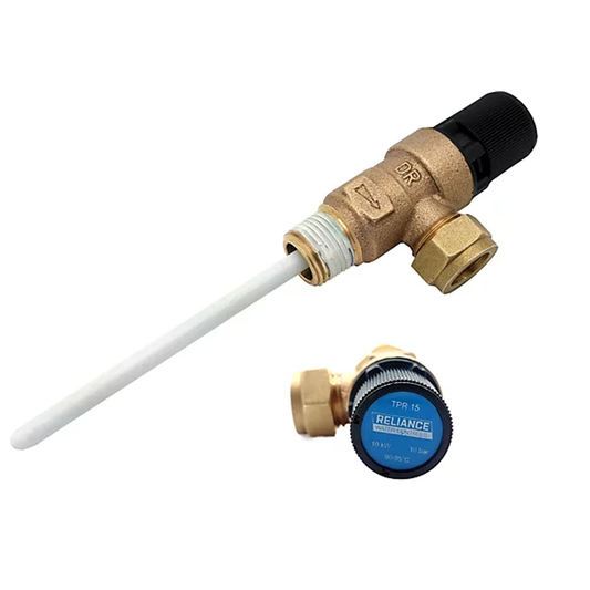 Brass water valve with white tube and Reliance pressure gauge on a white background