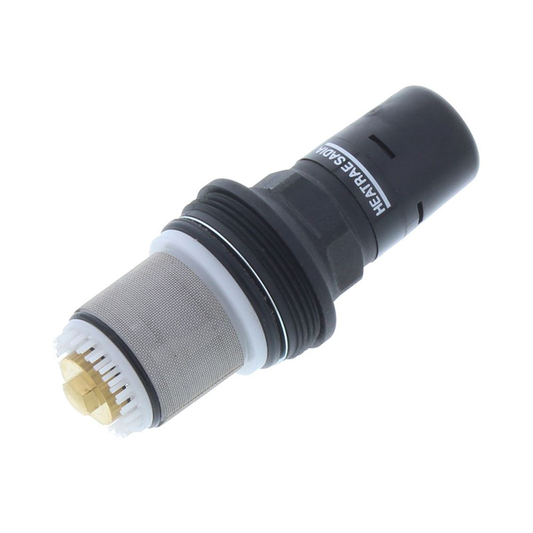 Black and gray cylindrical device with gold element on a white background