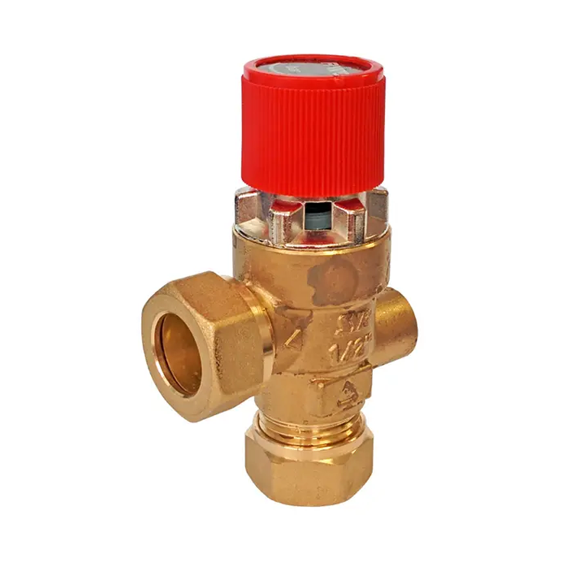 A copper pressure relief valve with a red top on a white background