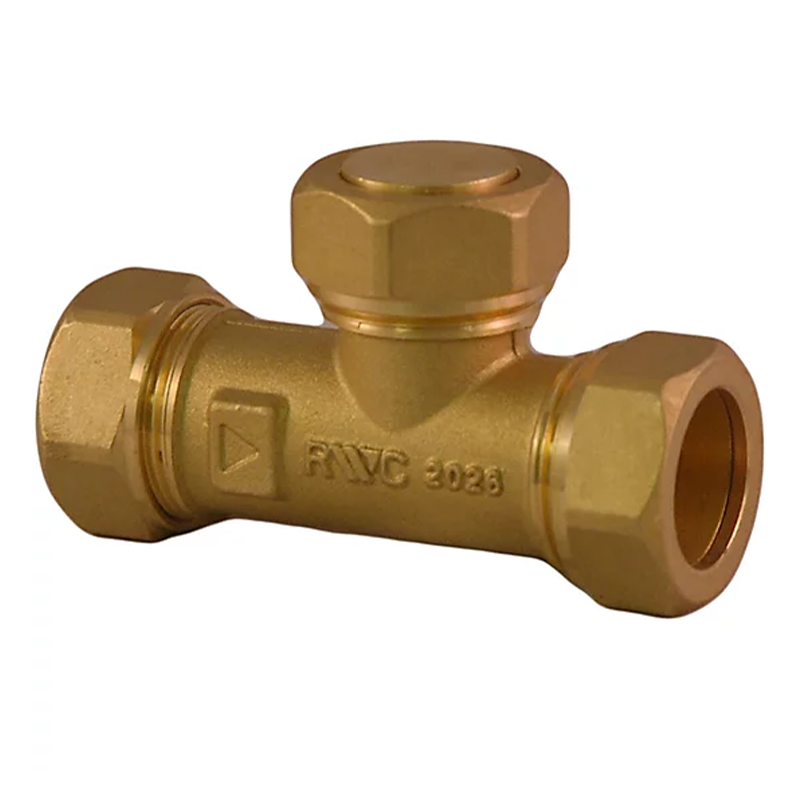 Brass T-fitting valve with hexagonal nuts on a white background