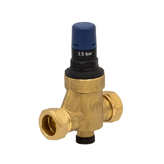 Brass pressure reducing valve with blue and black cap on a white background