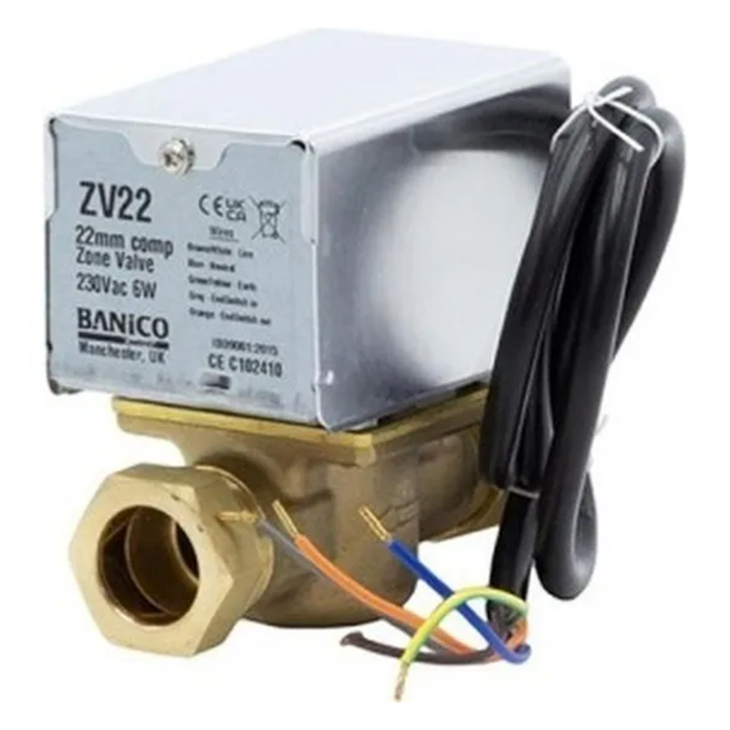 Motorised valve with wiring on a white background, featuring part identification writing