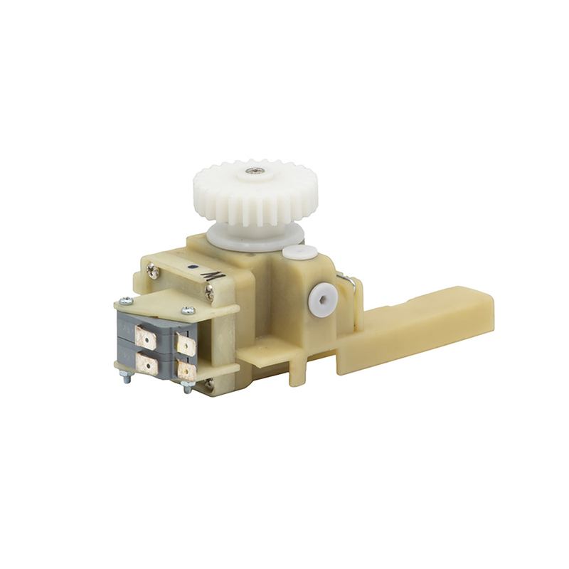 Mechanical component with gears and a lever on a white background