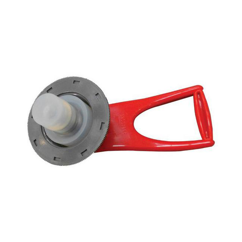 Red and gray handle with a circular component on a white background