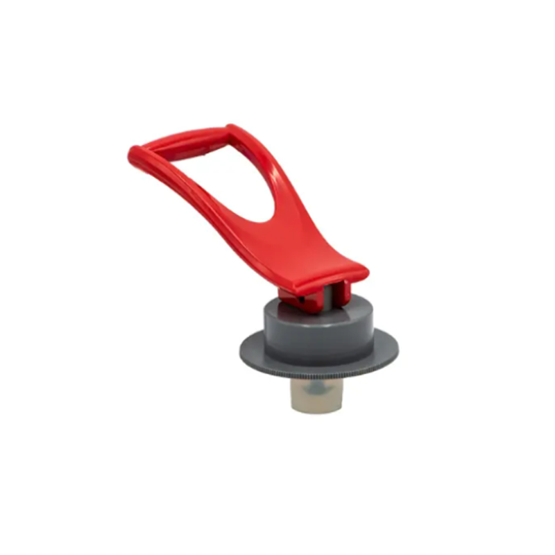 Red and gray valve stem cap on a white background