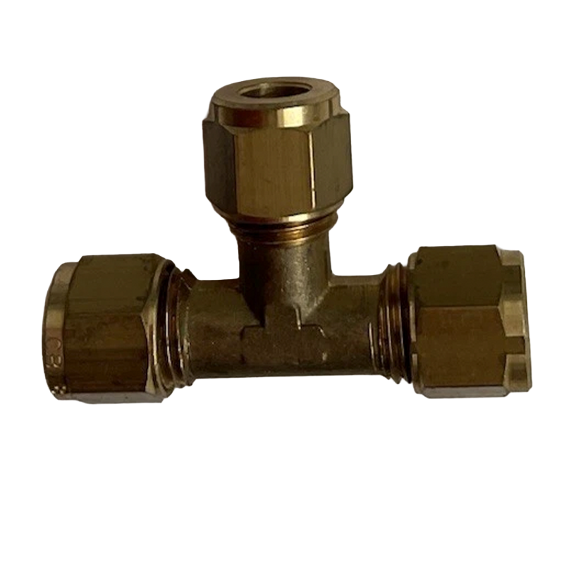 Brass plumbing tee fitting on a white background
