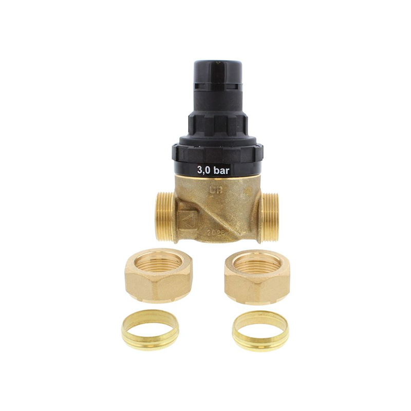 Brass valve with black top and connectors on a white background