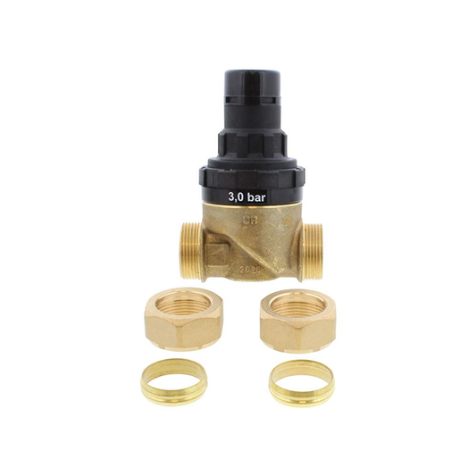 Brass valve with black top and connectors on a white background
