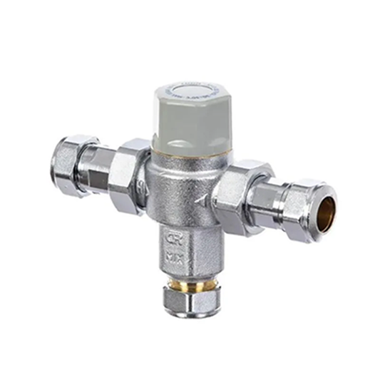 Metal valve with threaded connections on a white background