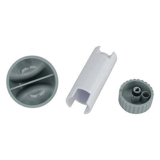 Three gray plastic components on a white background