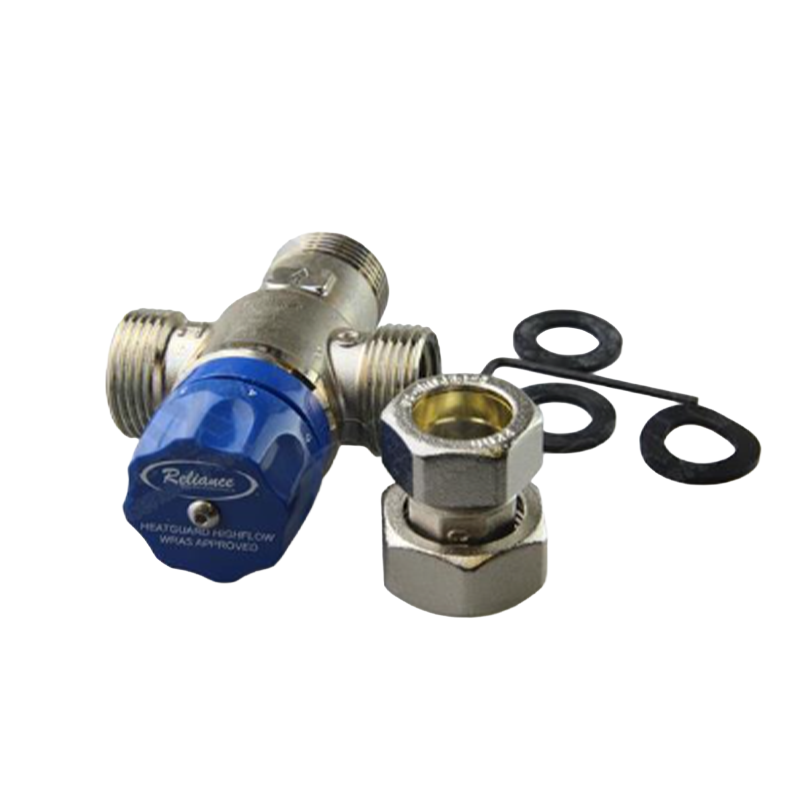 Thermostatic mixing valve with a blue cap on a white background