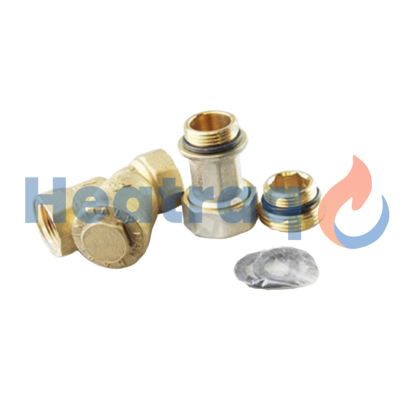 Brass plumbing parts on a white background.