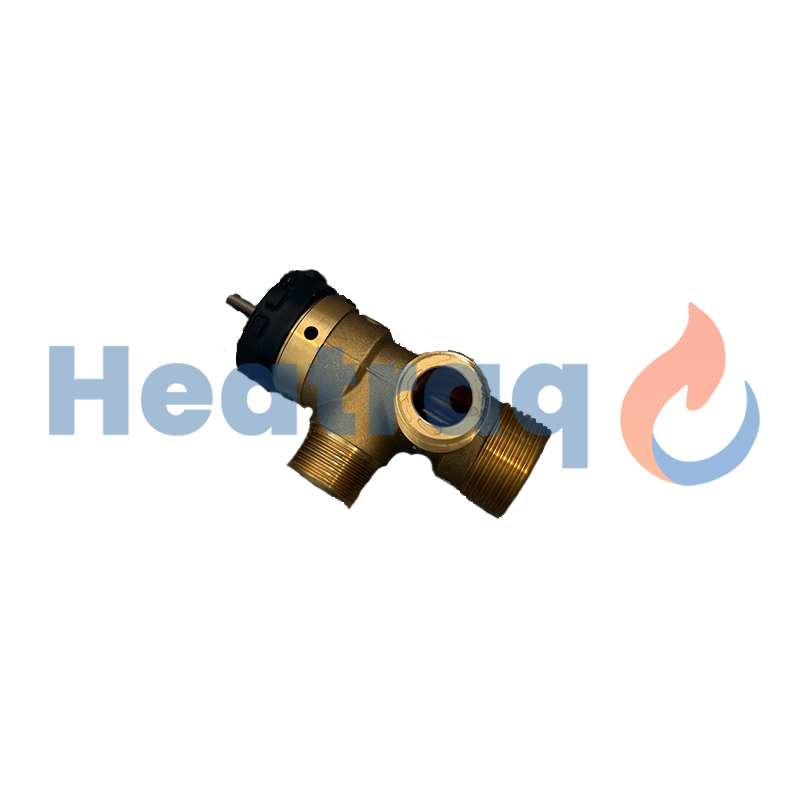 Brass valve with black top on a white background.