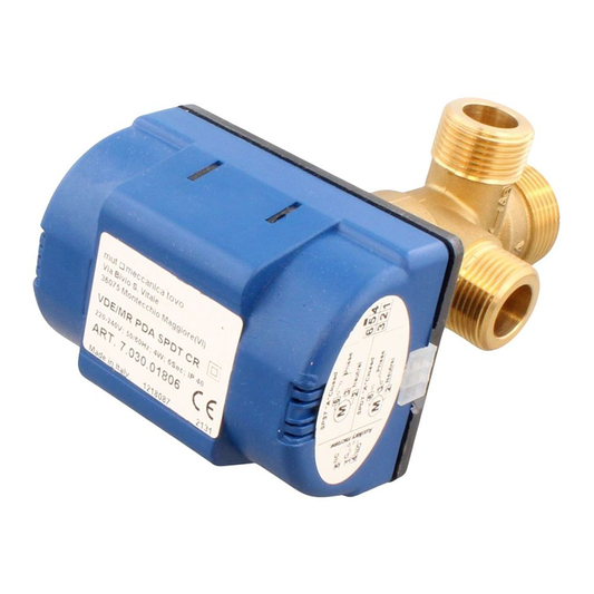 Blue mechanical valve with brass connectors on a white background
