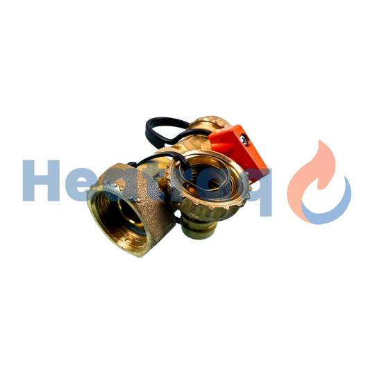 Brass valve with black and red components on a white background, 