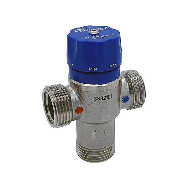Thermostatic valve with blue handle on a white background
