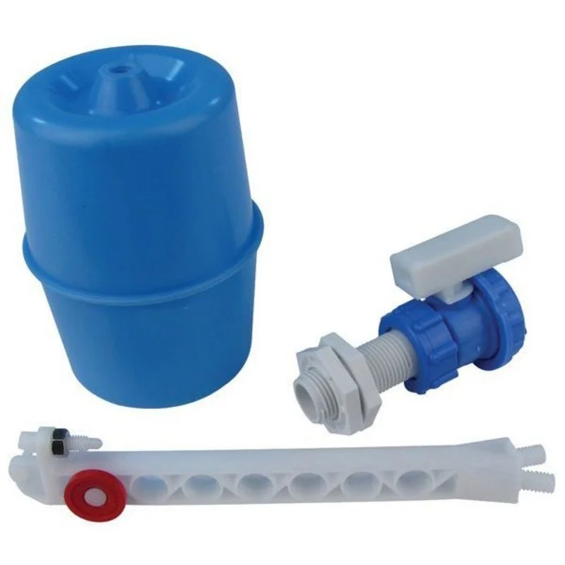 Blue plastic float valve and tube on a white background