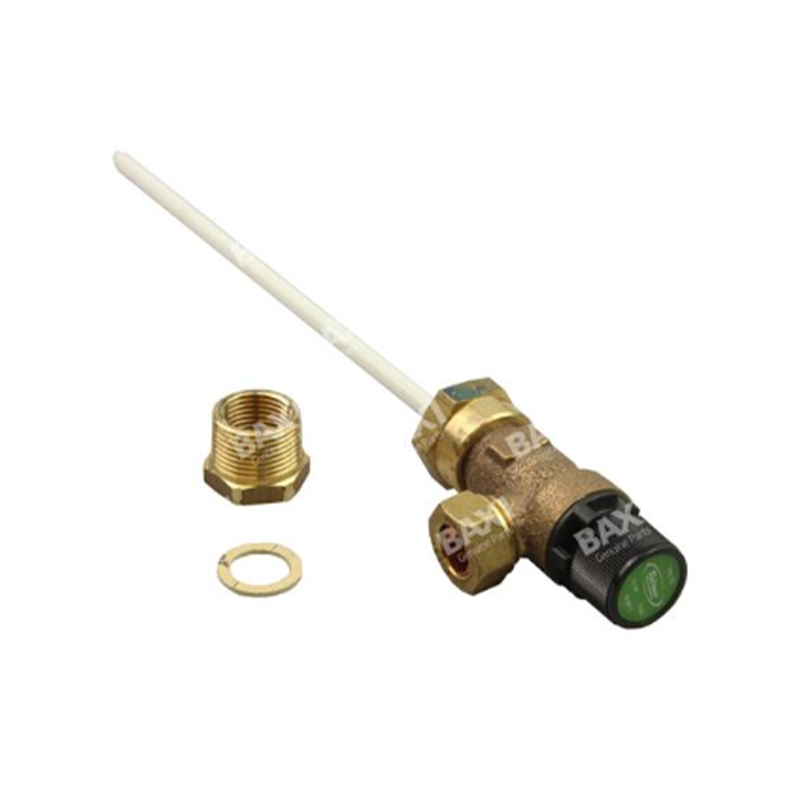 Brass plumbing valve with a white rod and BAXI branding on a white background