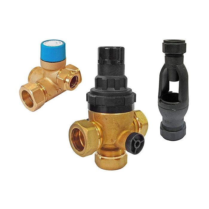 Three plumbing valves of different designs on a white background