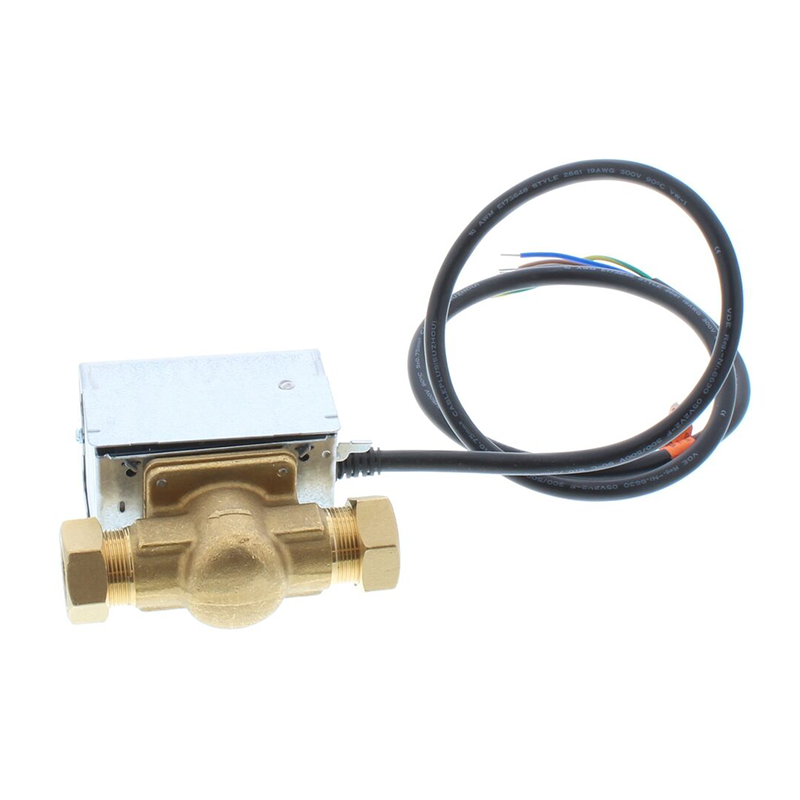 Brass valve with electrical connector and wires on a white background