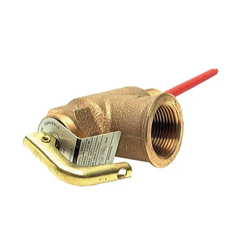 Brass valve with a red handle on a white background