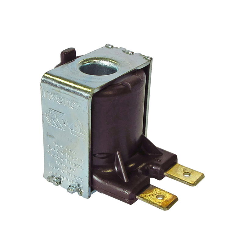 Electrical component with metal casing and brown core on a white background