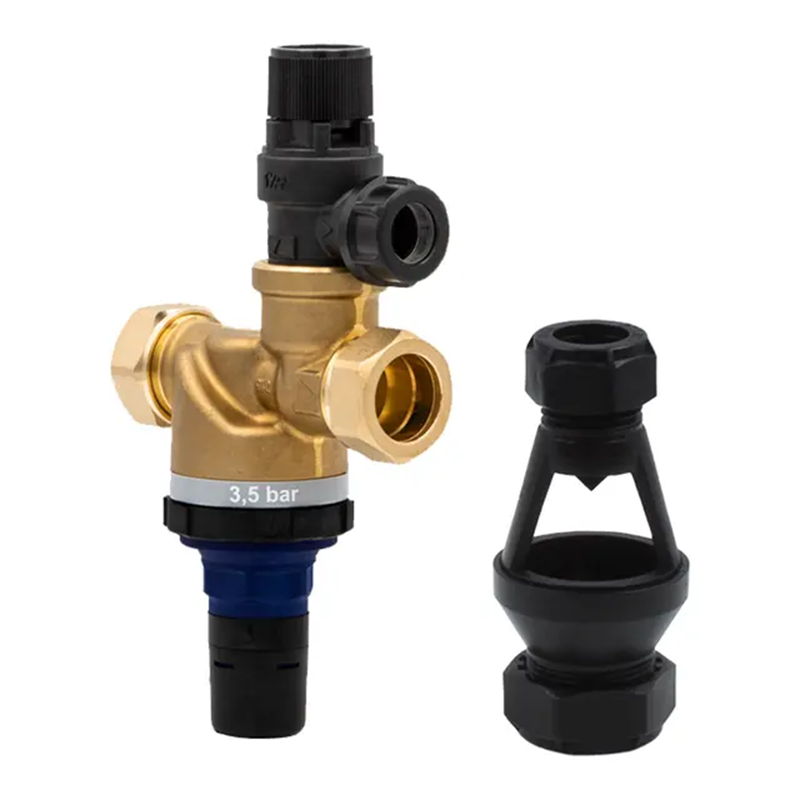 Brass and black plumbing valve assembly on a white background