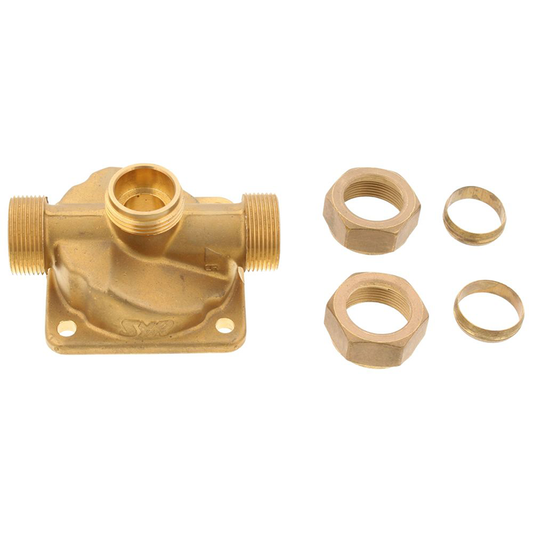 Brass plumbing fitting with additional components on a white background