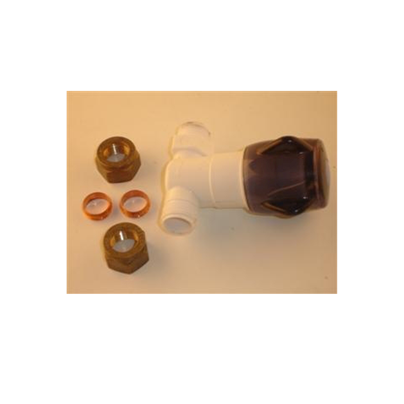 Plumbing fitting with brown and white components on a beige background