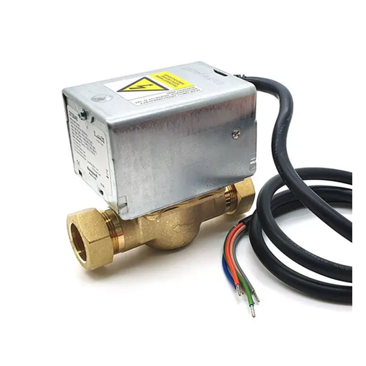 Brass valve with electrical connector and warning label on a white background