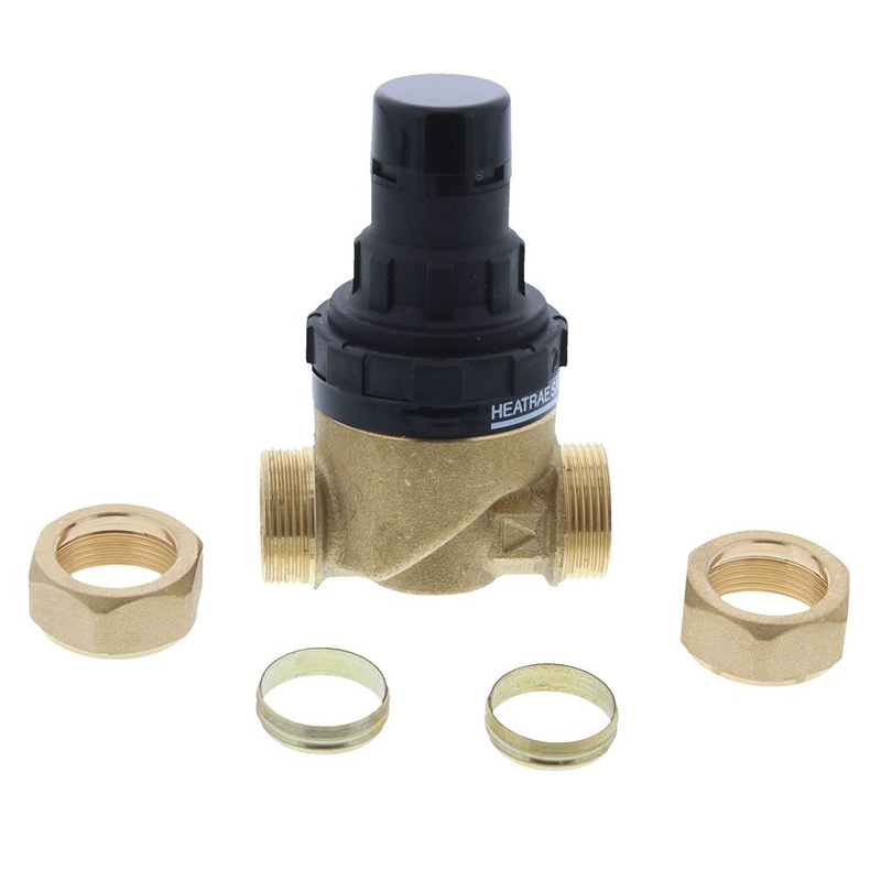 Brass valve with black top and two sets of nuts and washers on a white background