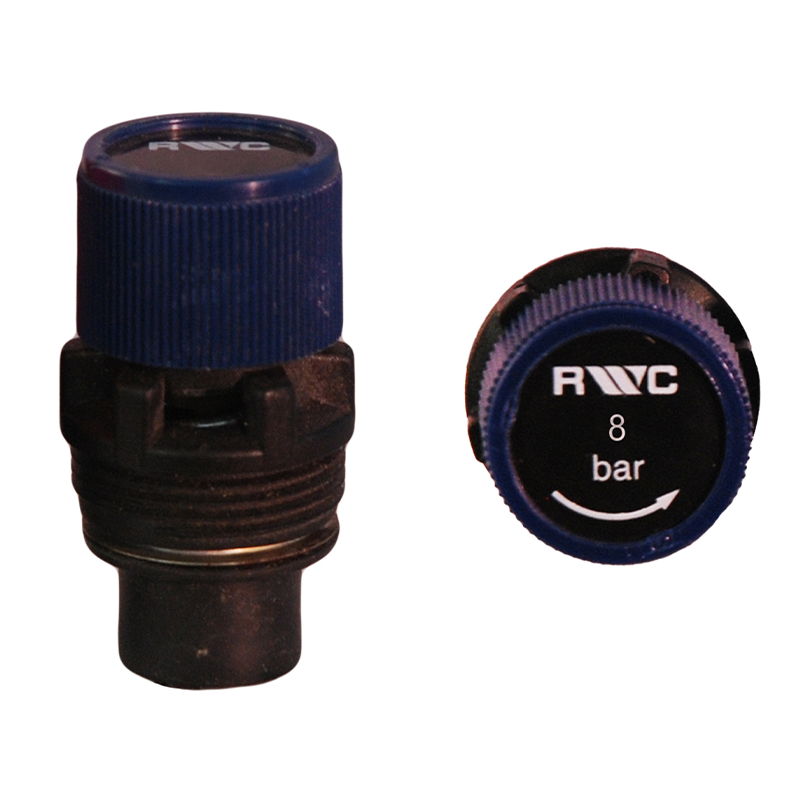 Two plumbing components with blue and black design on a white background