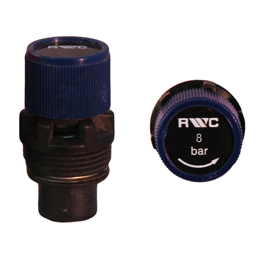 Two plumbing components with blue and black design on a white background