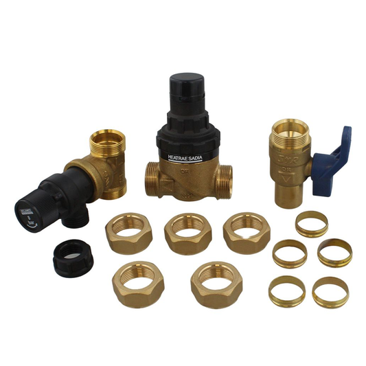 Collection of brass and black plumbing valves and fittings on a white background