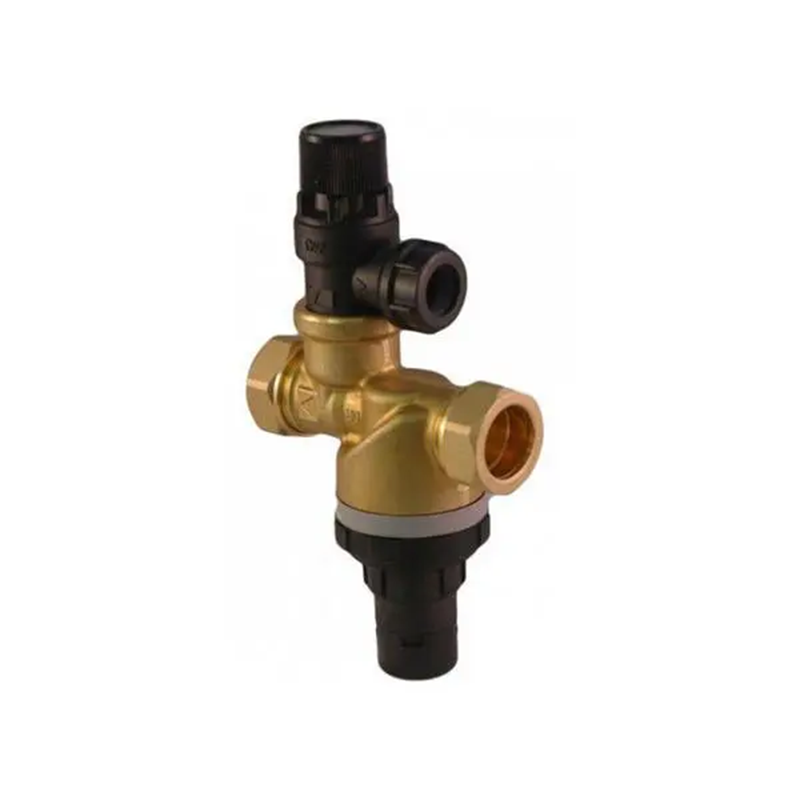 Brass and black plumbing valve on a white background
