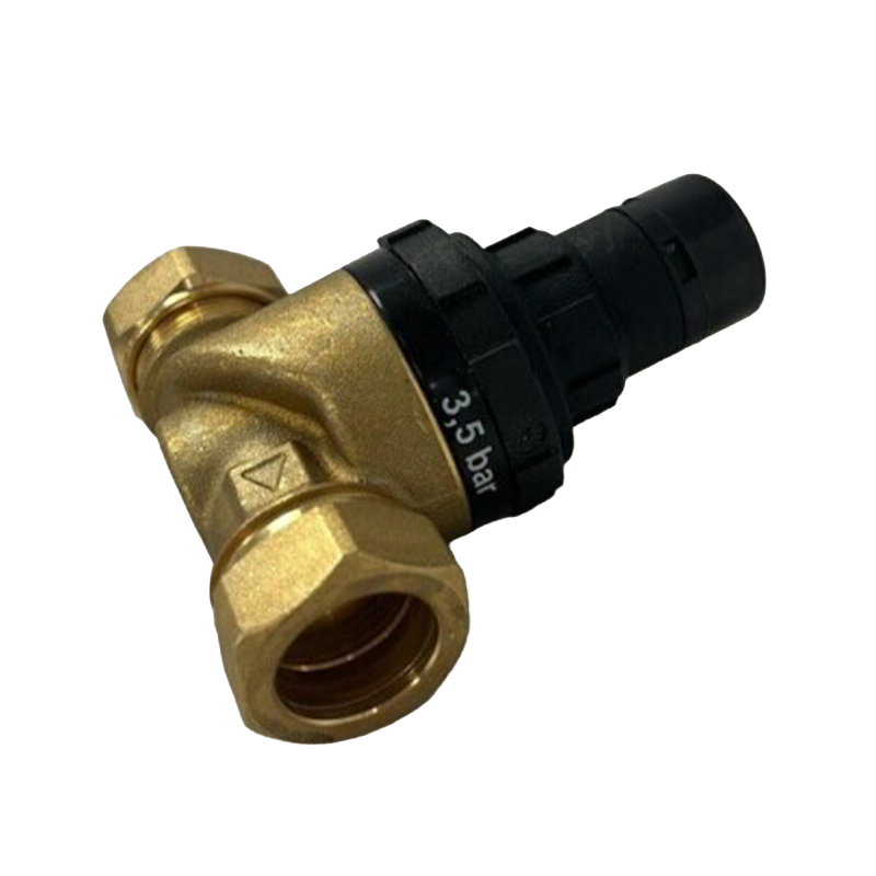 A brass and black pressure regulator valve with a 3.5 bar marking on the black adjustment collar, isolated on a white background.