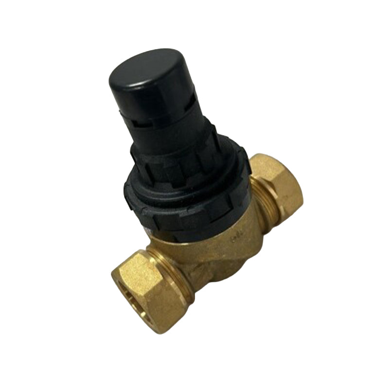 A brass and black pressure regulator valve with a hex nut on the fittings, shown on a plain white background.