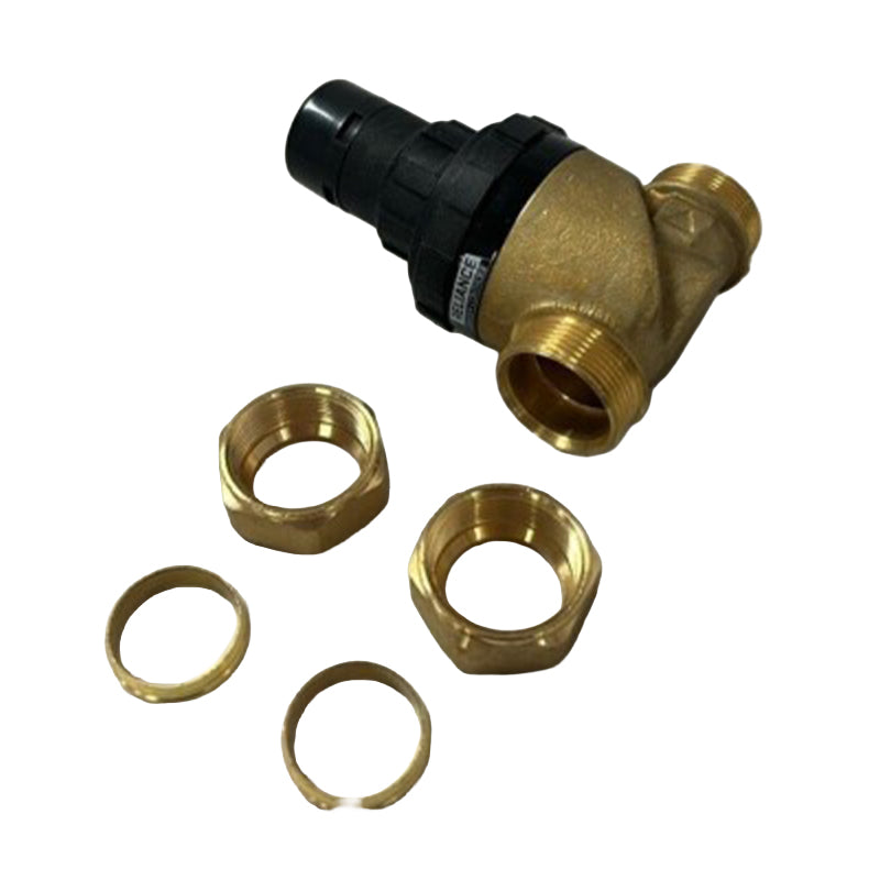 A brass T-fitting with a black plastic connector on one end, accompanied by four brass washers and two ring seals, displayed on a clean white background.