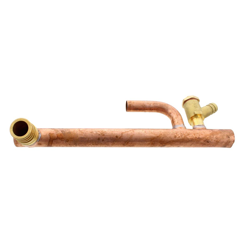 Copper plumbing pipe with brass fitting on a white background