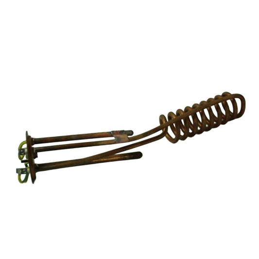 A replacement heating element consisting of a coiled copper spring and two straight heating tubes with green insulating tips, isolated on a white background.