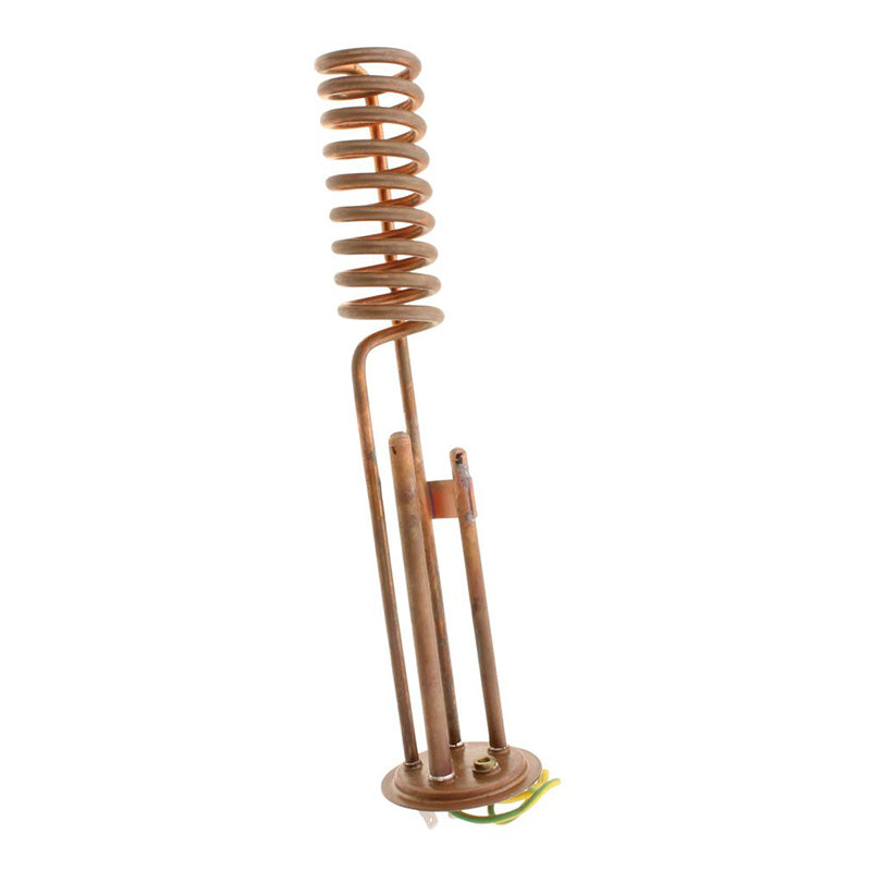 A copper heating element coil assembly with a spiral spring, vertical tubes, a base plate, and small green and yellow wire leads, isolated on a white background.