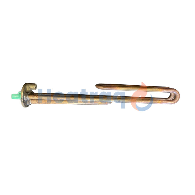 A copper-colored electric heating element with a green plastic end cap, shown horizontally against a white background with a faint Heatraq watermark.