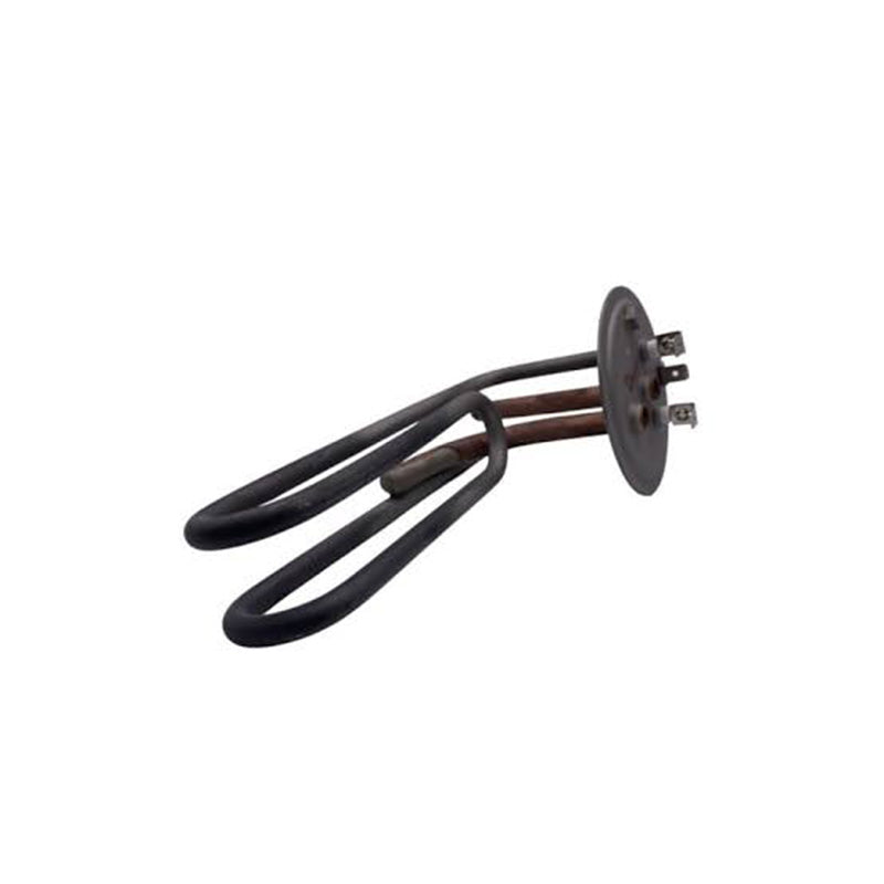A replacement electric heating element with a U-shaped black coil and a circular black end cap with metal terminals, shown on a plain white background.