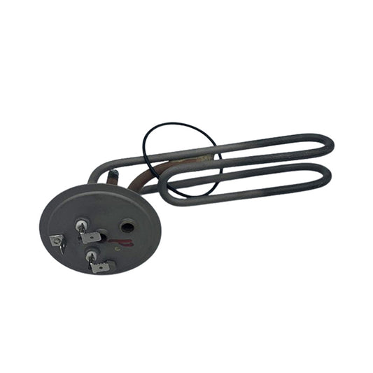 A replacement electric heating element with a round metal base, three terminal screws, and a dark coiled tube, shown on a plain white background.