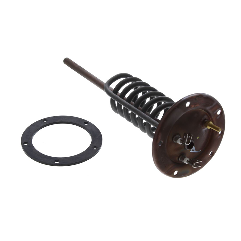 A water heater element plate assembly with a black coil spring, dark brown metal base, and a separate black gasket, shown on a plain white background.