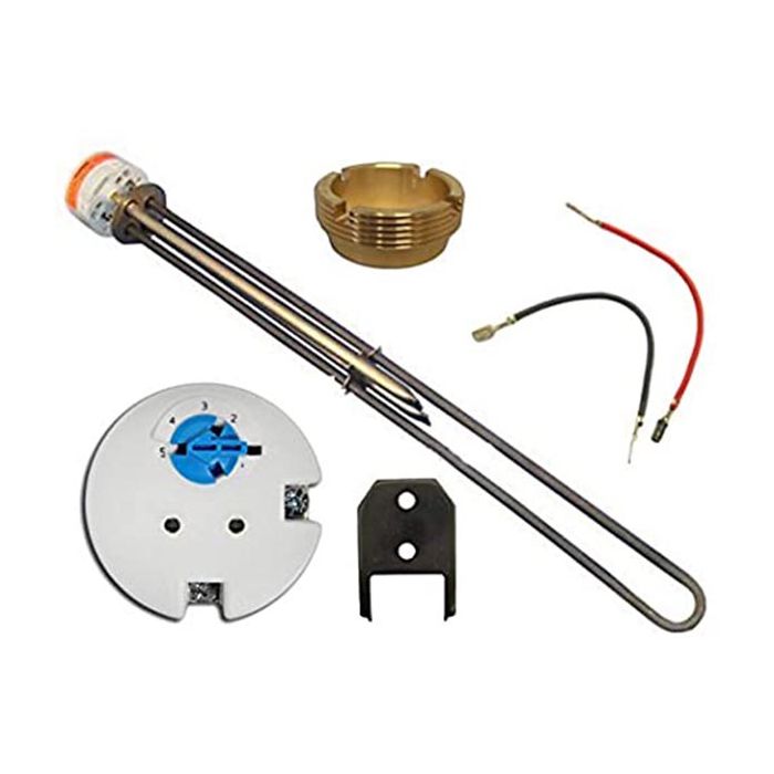 Set of mechanical components including a metal rod, brass fitting, and electrical connector on a white background.